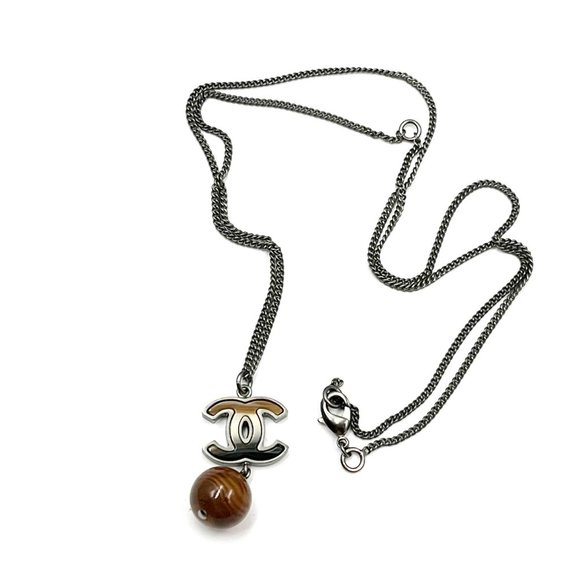 Chanel Silver CC Petrified Wood CC Dangle Pendant Necklace - Picture 1 of 3